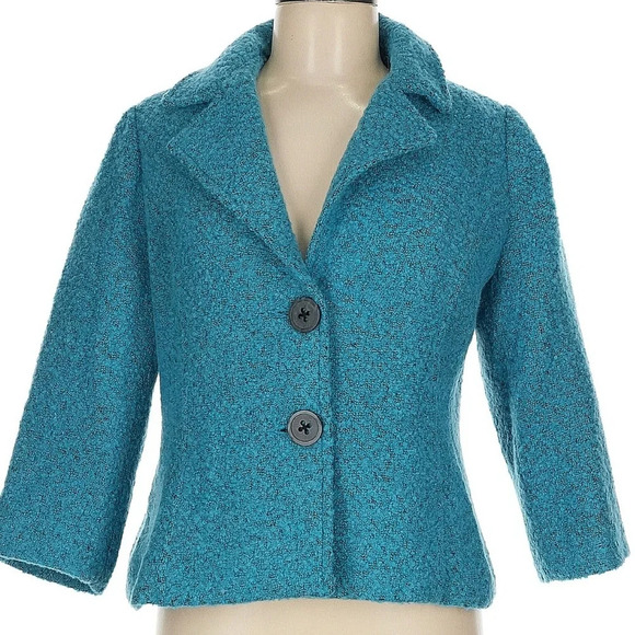 CAbi 186 Jacket Blazer Teal Turquoise Blue Boucle Tweed Wool Blend Size 6 Small - Picture 2 of 8